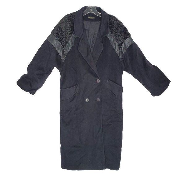 Vintage 80s Long Coat 10P MP Black Faux Fur Leather Shoulders Raglan Sleeve - Picture 1 of 5